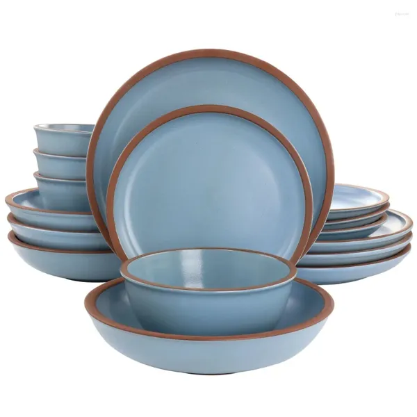 Тарелки Lagos, набор посуды из 16 предметов, терракотовый, с двойной чашей, сплошной матовой синей отделкой, можно использовать в микроволновой печи и мыть в посудомоечной машине