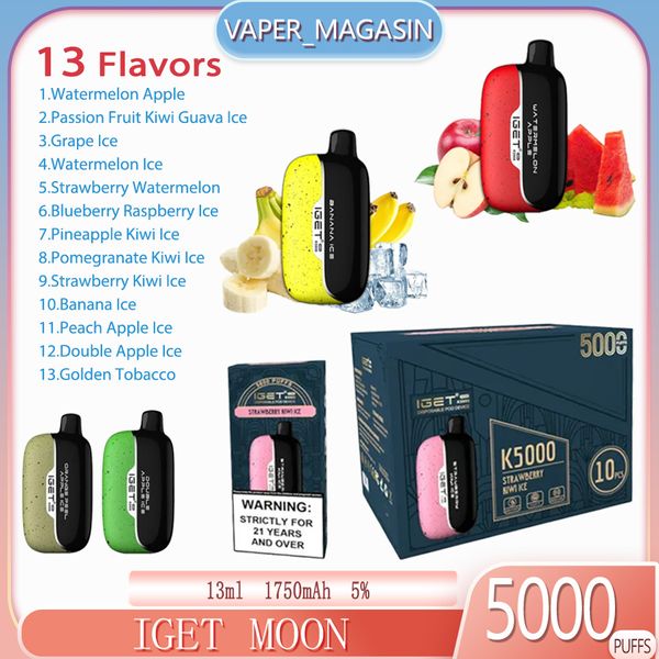 Venda Quente Iget moon 5000 puff vape caneta 13ml cartucho pré-carregado 5k puffs 13 sabores 1750mah bateria recarregável descartável e-cigarro 5% concentração