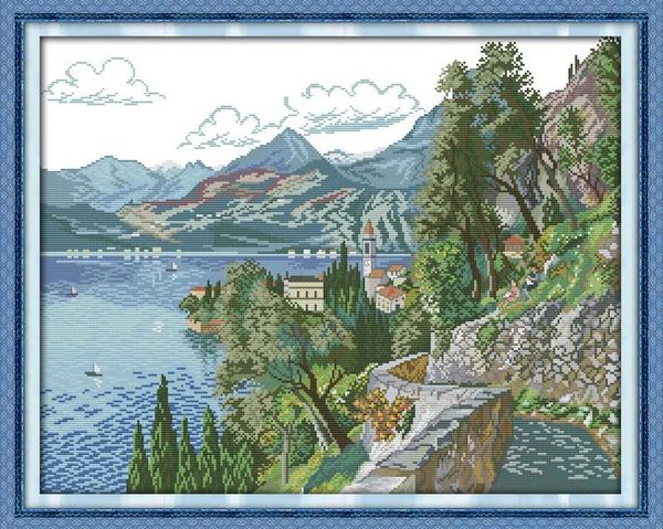Ferramentas Bela costeira com pintura de decoração de lago e colina, conjunto de bordados de bordado cruzado à mão