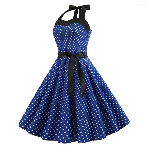 Lässige Kleider 50er Jahre Dot Kleid Retro 60er Jahre Neckholder Midi mit Schnürung Detail Schleife Dekor A-Linie Abschlussball Party für Frauen Vintage