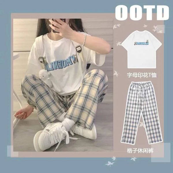 Giapponese Harajuku Streetwear Plaid Pantaloni Dritti TShirt Vestito Delle Donne Dell'annata Morbido Ragazza Hip Hop Elastico In Vita Jogger Pantaloni Coreano 231225