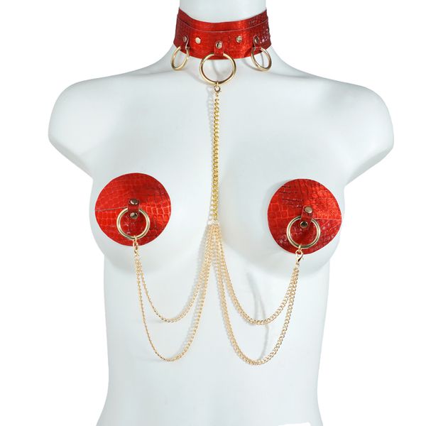 Sexy Körperkette Schmuck Leder Nippelabdeckung mit Halsband selbstklebende Brust tragen wiederverwendbare Nippelpasteten für Nachtclub Cosplay