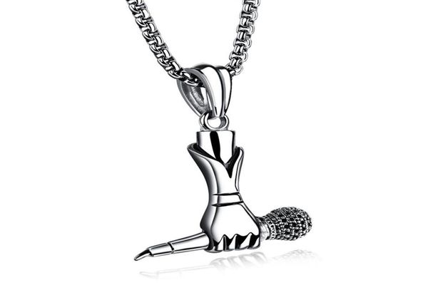 Microfone prateado com colar de mão em aço inoxidável música amante de música cantora coro vocalista Rocker Star Hip Hop Jewelry302p9006373