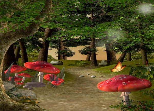 Floresta árvores pografia pano de fundo vinil grandes cogumelos vermelhos borboleta crianças aniversário po fundos bebê recém-nascido fotoshoo8218043