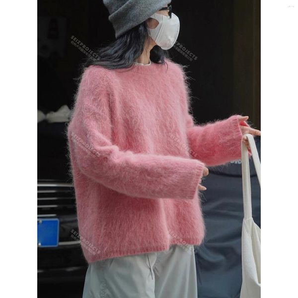 Damenpullover Winter Fuzzy Übergroßer Pullover Rosa Blau Koreanischer Rundhalsausschnitt Alpakawolle Weiches Hautpflege-Strickoberteil für Frauen