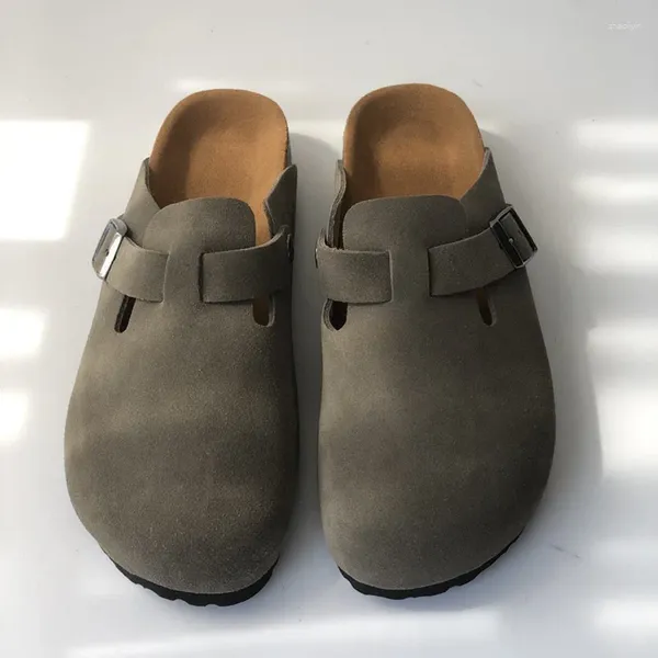 Chinelos Sandálias Mulheres Verão Outono Inverno Chinelo Genuíno Couro Ao Ar Livre Interior Fivela Strap Flats Cortiça