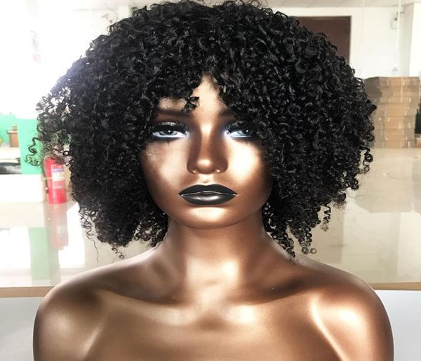 Perucas superiores do couro cabeludo com franja afro kinky encaracolado 180 densidade completa máquina feita cabelo humano wig6824244