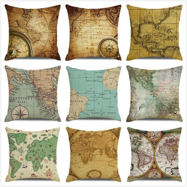 Travesseiro vintage mapa náutico padrão capa 45x45cm caso decoração de casa capas quadradas 40x40cm linho lance arado