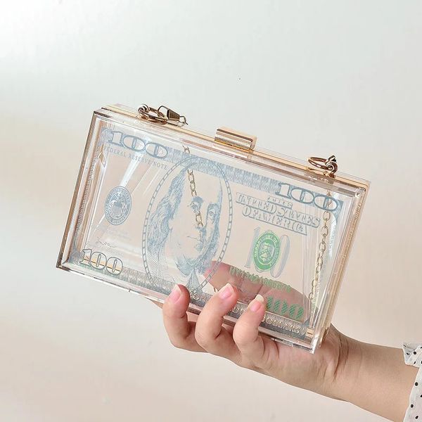 Dollar Money Transparente Umhängetasche, modische Acryl-Clutch, Designer-Geldbörse für Damen, transparente Box-Handtaschen für Abend-Clutches 231226