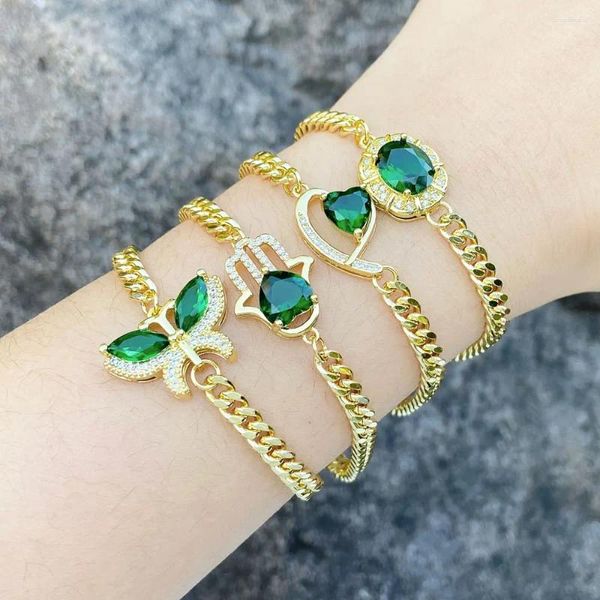 Charme pulseiras verde cristal borboleta curby corrente para mulheres cobre banhado a ouro hamsa ajustável simples jóias presente brtm25