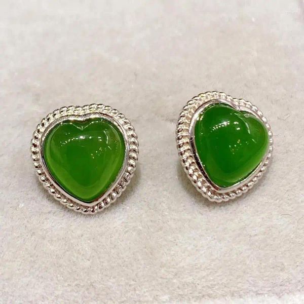 Brincos de parafuso prisioneiro grau a verde jade amor coração 925 prata esterlina hetian jades nephrite orelha studs feminino acessórios de jóias finas