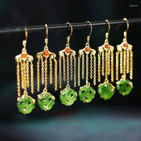 Orecchini pendenti in giada naturale di Hetian verde stile cinese orecchini vintage in argento sterling S925 ornamento elegante ed etnico