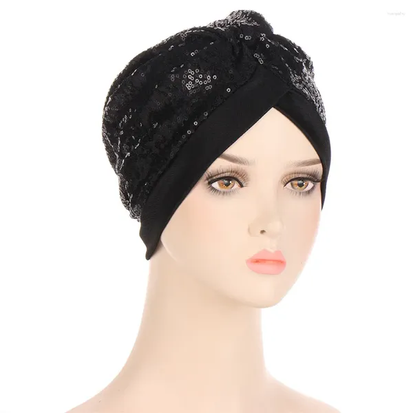 Abbigliamento etnico Lucido Glitter Paillettes Donna Hijab musulmano Berretti chemio Cofano Copricapo Avvolgere Cancro Perdita di capelli Cappelli Berretti Femme Turbante Soid