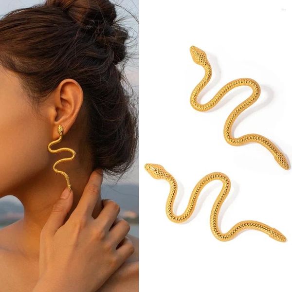 Orecchini a bottone Creativo placcato oro impermeabile lungo pitone a forma di serpente Orecchino a goccia strutturato in acciaio inossidabile da donna Regalo bijoux leggero