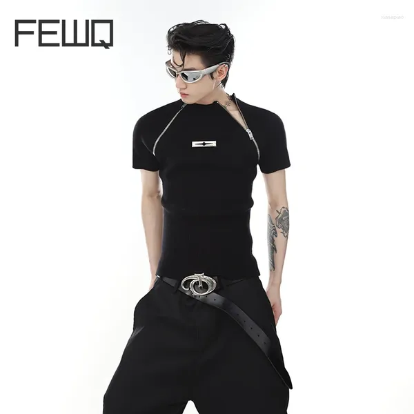 Homens Camisetas Fewq High Street Moda Camisetas Nicho Desconstruído Slim Fitting Malha Manga Curta Metal Zipper Split Design 9C670