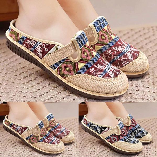 Chinelos senhoras simples respirável fundo plano confortável tamanho grande linho retro único sapatos femininos ar 1 baixo tamanhos casuais 5 12