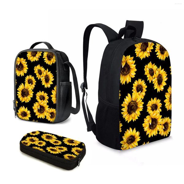 Sacos escolares YIKELUO 3D Girassol Impressão Grande Capacidade Notebook Bag Preto Com Zíper À Prova D 'Água Viagem Floral Impresso Mochilas Casuais