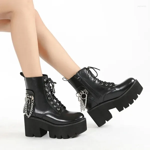 Botas Goth Plataforma Chunky Saltos Combate para Mulheres Corrente de Metal Halloween Confortável Preto Salto Largo Bezerro