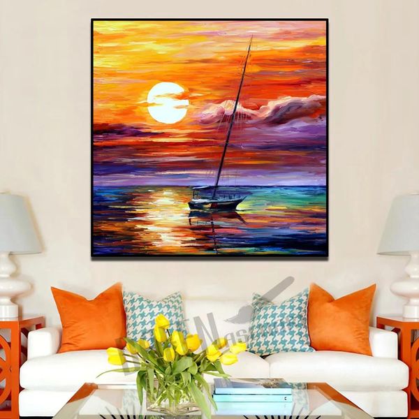 Dipinti Pittura moderna a olio su coltello su tela Barca a vela sul mare fatta a mano Bellissimo tramonto Veliero Immagine da parete per soggiorno camera da letto