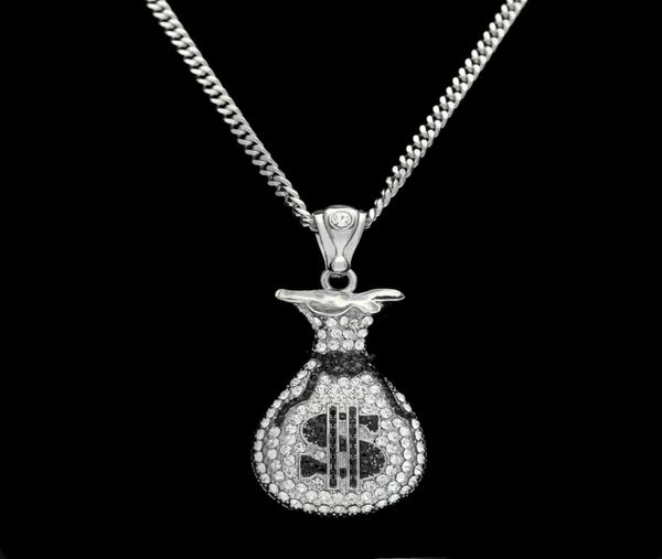 Hip Hop Gold Silber Bargeld Geld Tasche Anhänger für Männer Frauen Bling Kristall Dollar Charm Halskette mit kubanischen Kette Jewelry1824239