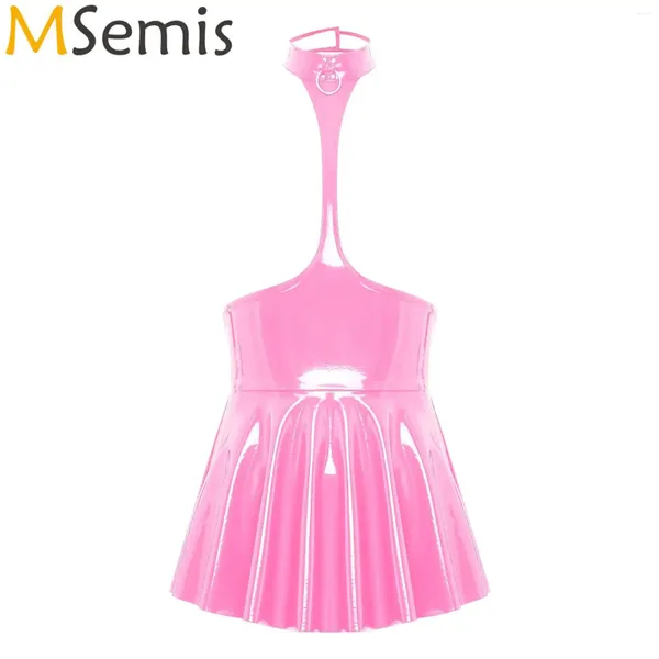 Vestidos casuais mulheres lingerie peito expondo saia mini vestido olhar molhado patente couro backless peito aberto halter babados látex clubwear