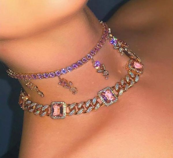 Collana con ciondolo in pietra rettangolare rosa oro rosa 12MM Iced Out Miami CZ Catena a maglie cubane Collana girocollo pesante da donna Hip Hop5227222