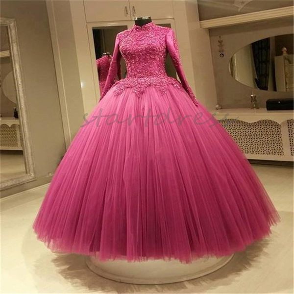 Fuchsia Muslimisches Hochzeitskleid Vintage Stehkragen Langarm Ballkleid Land Brautkleider Applikationen Spitze Garten Kirche Brautkleid Elegantes islamisches Vestios De Novia