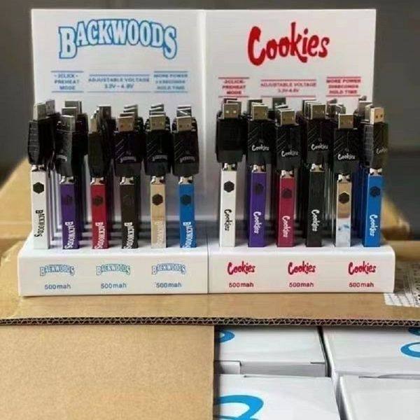 Nuovi biscotti Backwoods Batteria per sigaretta quadrata 500mAh Tensione variabile 510 batterie filettate Tensione regolabile inferiore Display 24CT Batteria per penna Vape