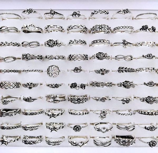 Band Bulk lotti 100 pezzi argento antico placcato multi stili per le donne vintage signore fiore moda dito gioielli retrò 2211255981957