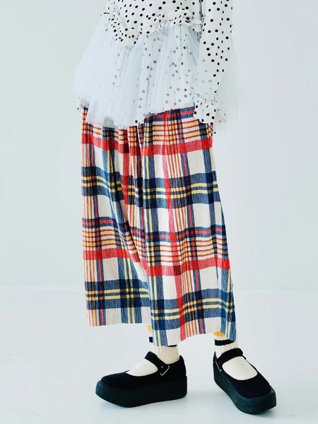 Pantaloni da donna IMAKOKONI Design originale scozzese rosso gamba larga ampia nove quarti per donna 223841