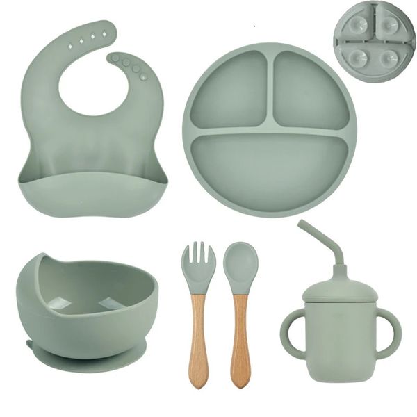 456 pçs silicone conjunto de alimentação do bebê uma tigela de sucção livre placa dividida alça de madeira colher garfo babadores crianças utensílios de mesa 231225