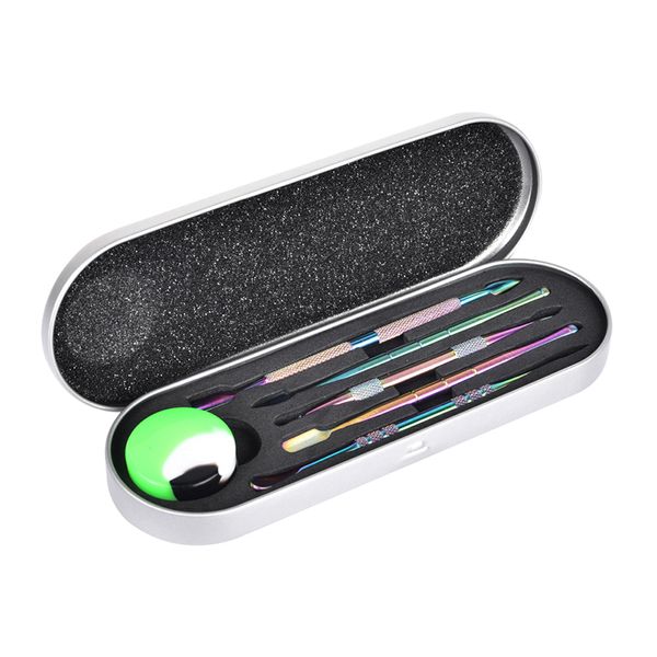 Kit d'outils Coloful Dabber Kits de démarrage d'outils de sélection pour le tabac aux herbes sèches creusant l'huile de cire épaisse Dab outil en acier inoxydable avec boîte de pot en silicone