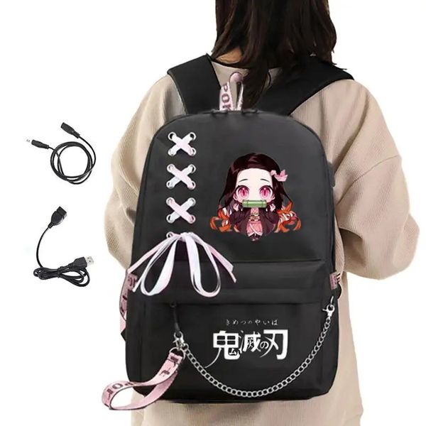 Demons Slayer Schoolbag Anime Omuzlar USB Şarj Limanı Büyük Kapasiteli Öğrenci Okulu Kitap Çantası Zip Seyahat Dizüstü Çantası 231225