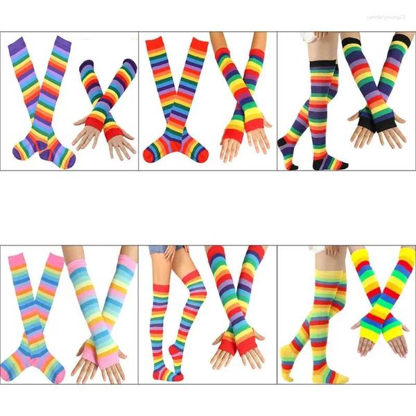 Frauen Socken Bunte Regenbogen Strümpfe Oberschenkel Über Knie Tanz Gestreiften Arm Wärmer Handschuhe Weihnachten Geschenke Cosplay Drop