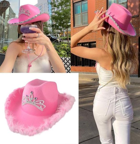 Cappelli a tesa larga Cappello da cowboy rosa LED Tiara Women039s Decorazione pelosa con paillettes Cappello da festa di moda deformato stile occidentale Cowgirl Costu4702476