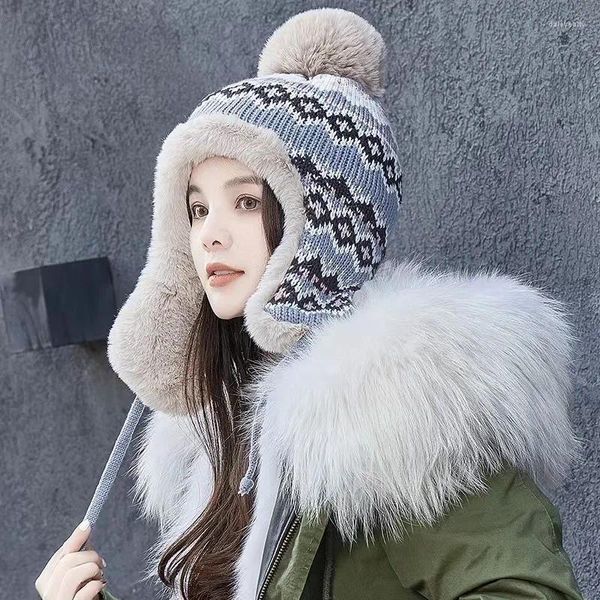 Berets estilo étnico mulher tricô quente earflap chapéu com pompom inverno ao ar livre ciclismo esqui vison bombardeiro ushanka boné