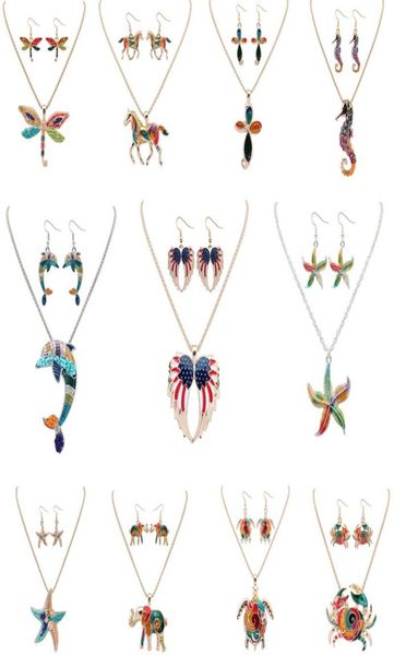 Moda 2 pçsset conjuntos de jóias brincos colar boêmio liga esmalte elefante asa golfinho cavalo mar estrela do mar animal para mulher 6201600