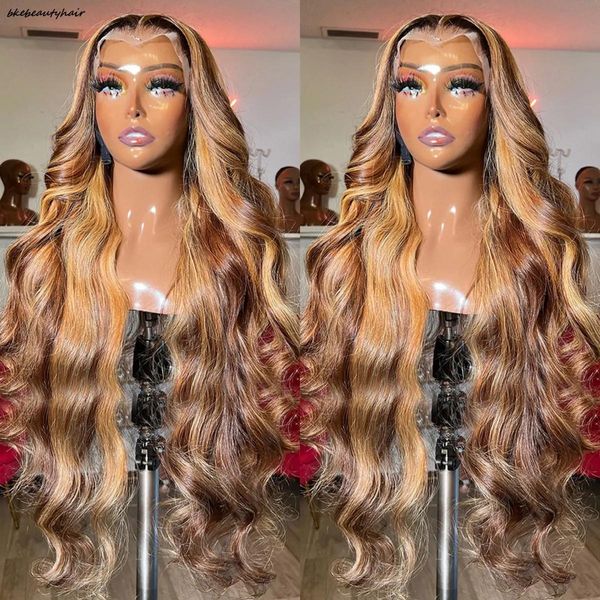 Perücken Highlight Perücke Echthaar 13x4 Lace Frontal Perücke Farbige Echthaarperücken für Frauen 30 Zoll Honigblond Körperwelle Lace Front Perücke Syn