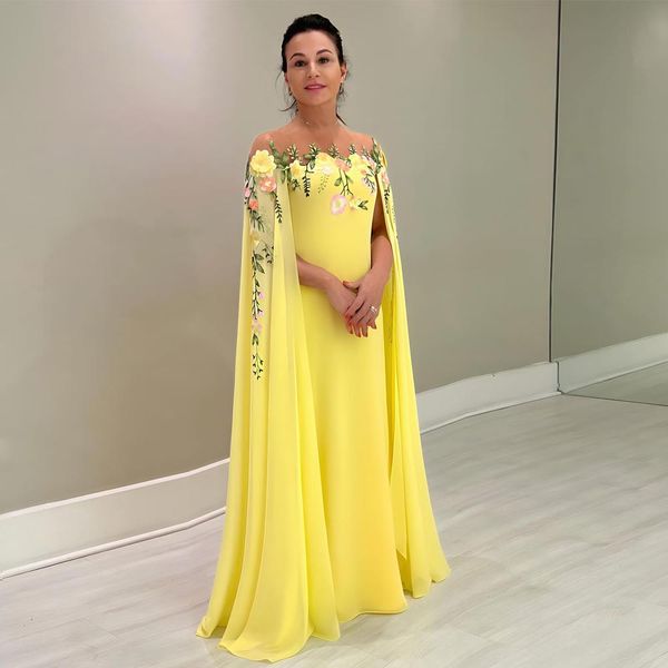 Gelbe Blumenapplikationen Kleider für die Brautmutter mit langen Ärmeln, Hochzeitsgastkleid, bodenlang, transparenter Bateau-Ausschnitt, Chiffon-Abendkleider in Übergröße