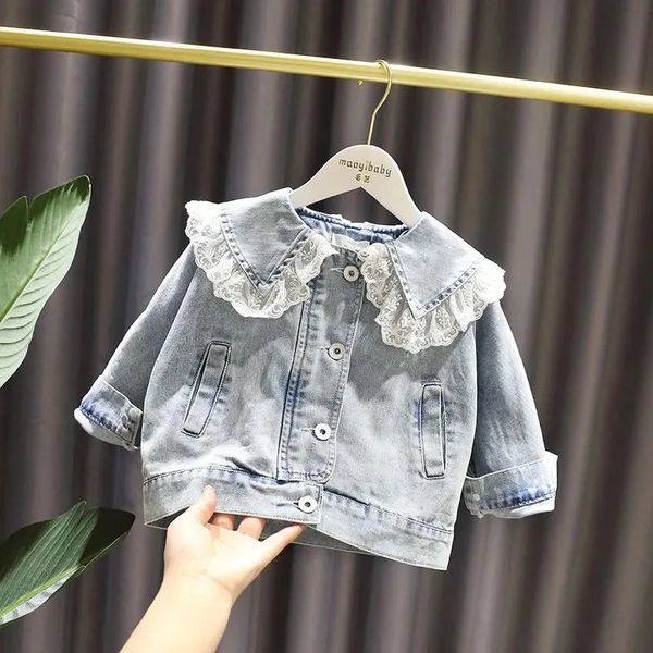 1-10 yıl kız bebek denim ceket moda çocuklar jean ceket kızlar için tatlı dantel tasarım prenses dış giyim çocuk giyim 231225