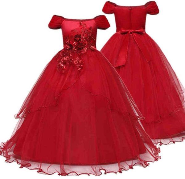 Blumenmädchenkleider Kleid Rot Weihnachten Spitze Langes Hochzeitsfest Erstkommunionkleid für große Mädchen Kinder Formelle Kleidung 12T G2207983304