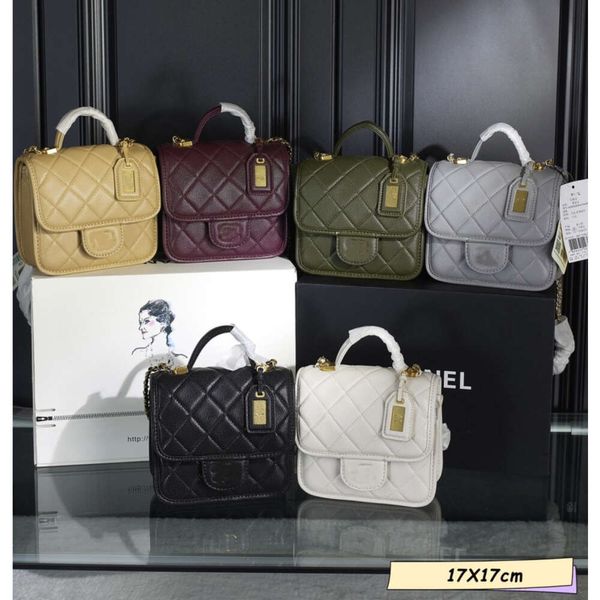 Designer-Handtasche für Damen, kleine quadratische leichte Tasche mit Griff, echtes Leder, schwarz, weiß, grün, gelb, grau, Umhängetasche, 17 x 17 cm