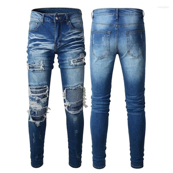 Jeans masculinos de alta qualidade remendos casuais rasgados clube destruído costelas angustiadas magro azul lavado estiramento denim calça tamanho 28-40