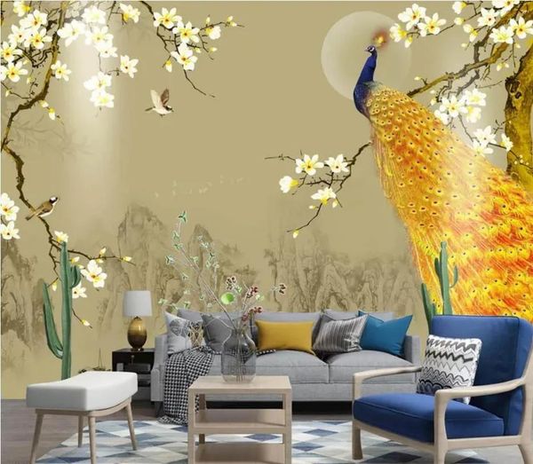 Sfondi bellissimi scenari sfondi Nuovo paesaggio cinese magnolia pavone dorato fiore uccello sfondo decorazione murale pittura