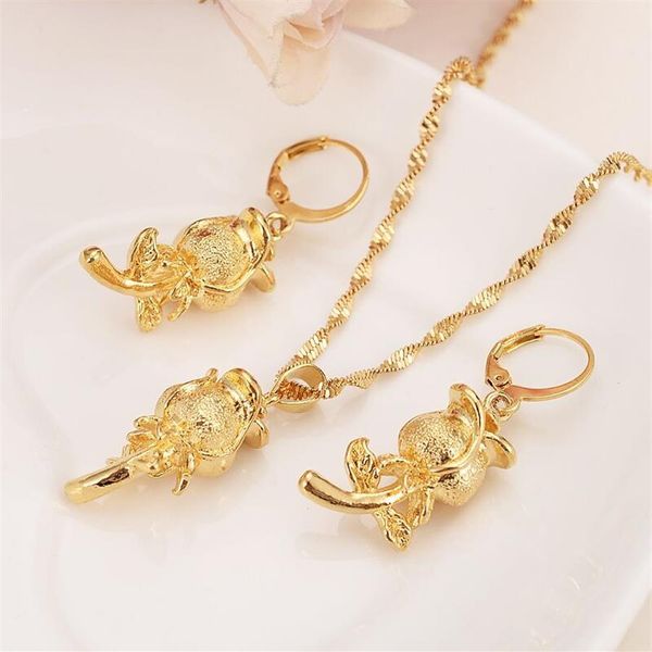 Natale 24k giallo solido oro fine GF radice fiore rosa Set di gioielli da sposa Orecchini pendenti da donna ragazze fascino regalo per feste New298c