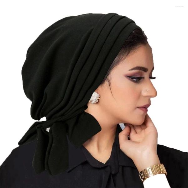 Abbigliamento etnico Donne musulmane Stretch Solido Turbante pieghettato Cappello Cancro Chemio Berretti Berretti Sciarpa pre-legata Copricapo Copricapo Capelli placcati