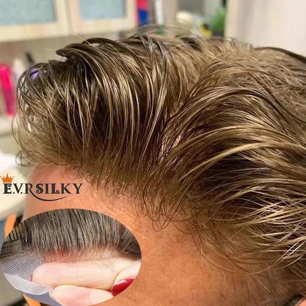 Toupees Doğal Saç Çizgisi Toupees Ash Sarışın Nefes Alabilir Q6 Bakire İnsan Saç Erkekler Toupee Lacepu Dantel Ön Erkek Saç Perukları Kılcallar Proses