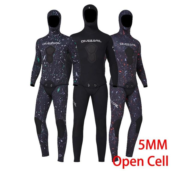 Anzüge Neoprenanzug 5mm Männer CR Neopren Speerfischen Taucheranzug Camouflage Camo mit kapuze Free Diving Anzug Gerätetauchen