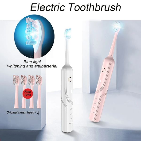 Звуковая электрическая зубная щетка с синим светом, отбеливающая и антибактериальная, перезаряжаемая, водонепроницаемая, 4 сменные насадки для щеток 231225