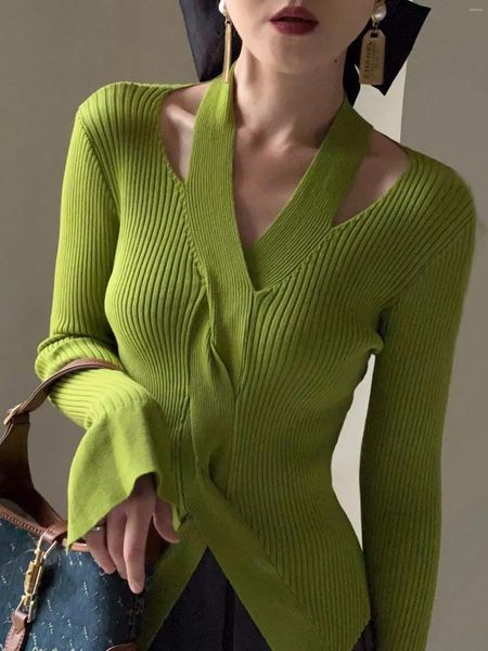 Женские свитера, блузки, шикарные сексуальные вязаные пуловеры на осень, женская корейская одежда, однотонная рубашка с длинными рукавами C-080